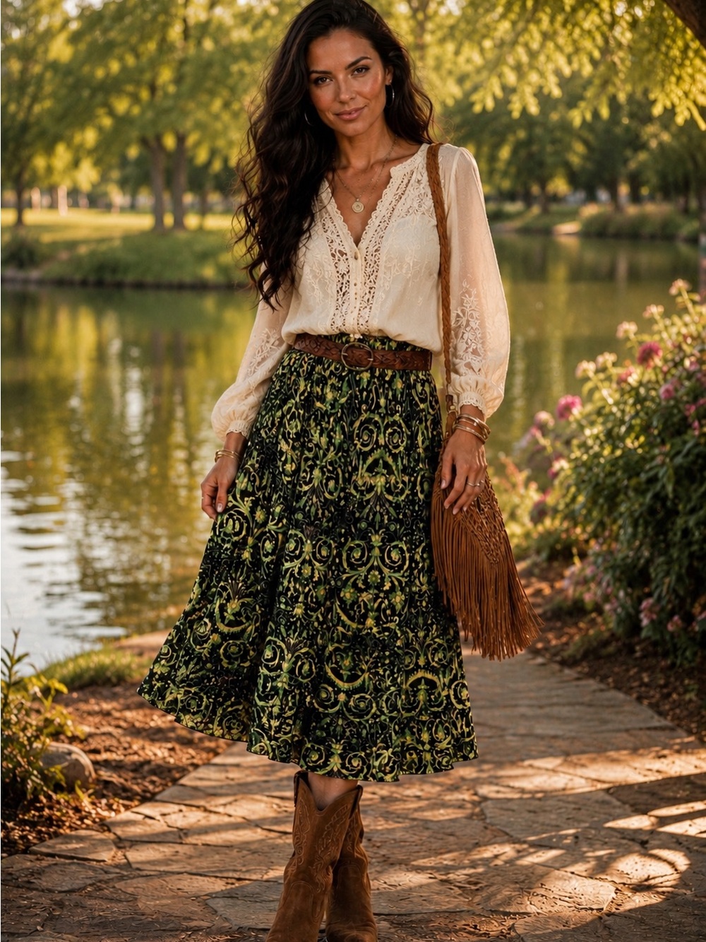Diane Von Furstenberg Black Silk Maxi Skirt with Green Scroll Motif